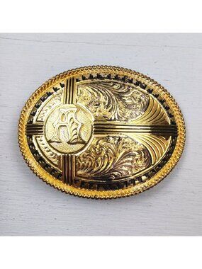 Gold & Black Montana Silversmiths Silver-Plated Western Belt Buckle 3"x2" With O